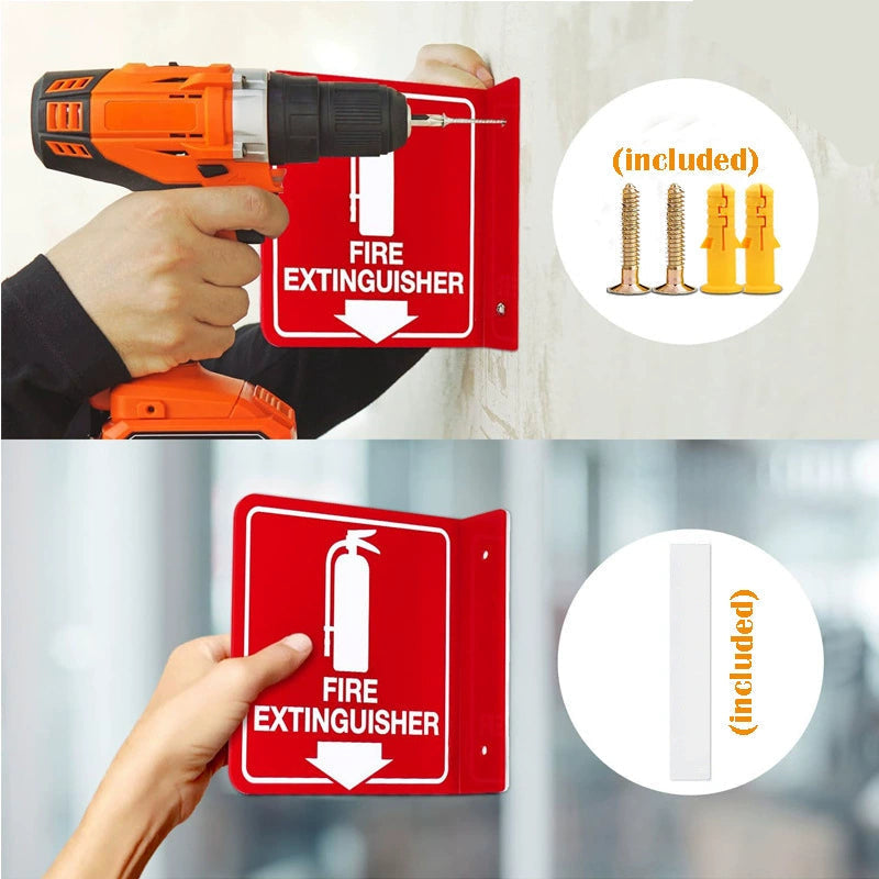 Fire extinguisher sign with drill and screws, including accessories.